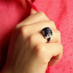 Art Deco Pyramid Ring with Carved Lapis Lazuli and Diamonds