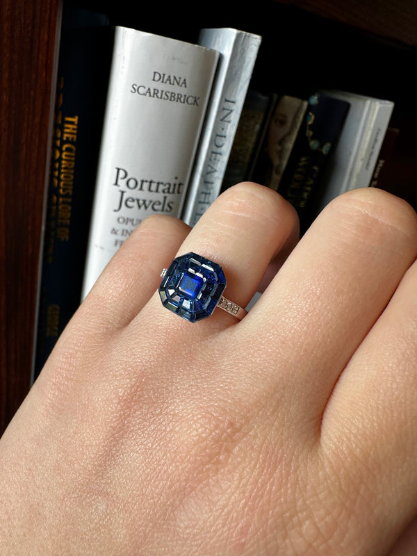 Art Deco Style Engagement Ring with Calibrated Sapphires