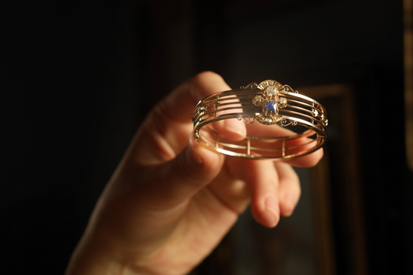 Art Nouveau Cuff Bracelet with Sapphire and Old Cut Diamonds