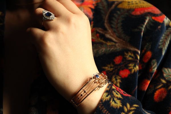 Art Nouveau Cuff Bracelet with Sapphire and Old Cut Diamonds