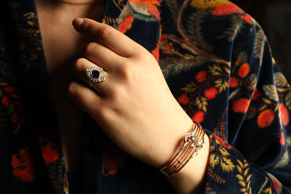 Art Nouveau Cuff Bracelet with Sapphire and Old Cut Diamonds