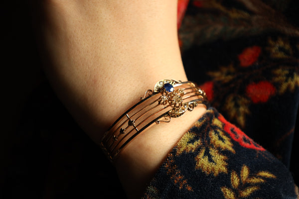 Art Nouveau Cuff Bracelet with Sapphire and Old Cut Diamonds
