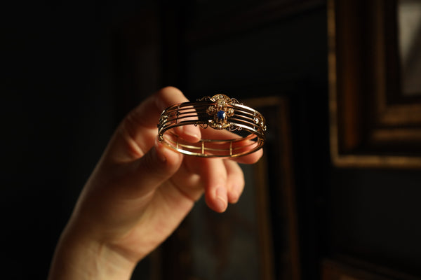 Art Nouveau Cuff Bracelet with Sapphire and Old Cut Diamonds