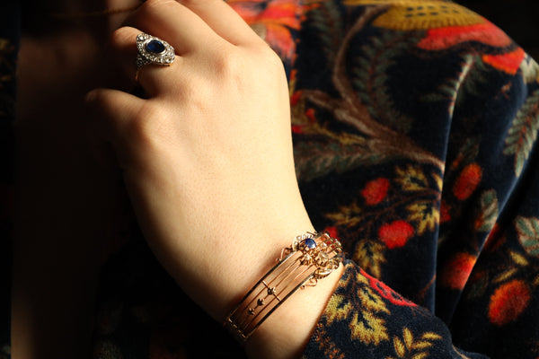 Art Nouveau Cuff Bracelet with Sapphire and Old Cut Diamonds