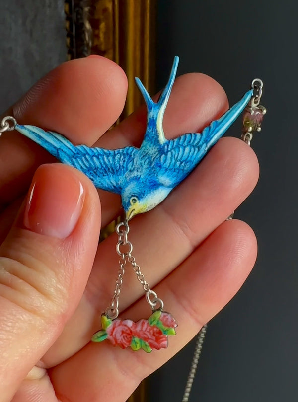 Bird Necklace with Blue Enamel and Watermelon Tourmaline Pendant