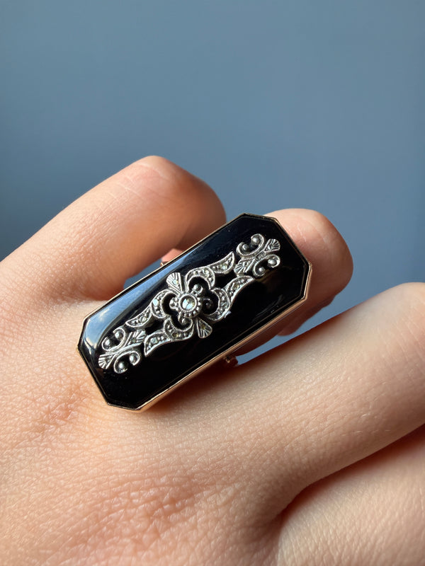 Retro Onyx and Diamond Panel Ring