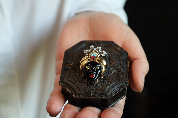 Vintage Blackmoor Brooch: 18k Gold, Burma Ruby, Diamonds, Turquoise
