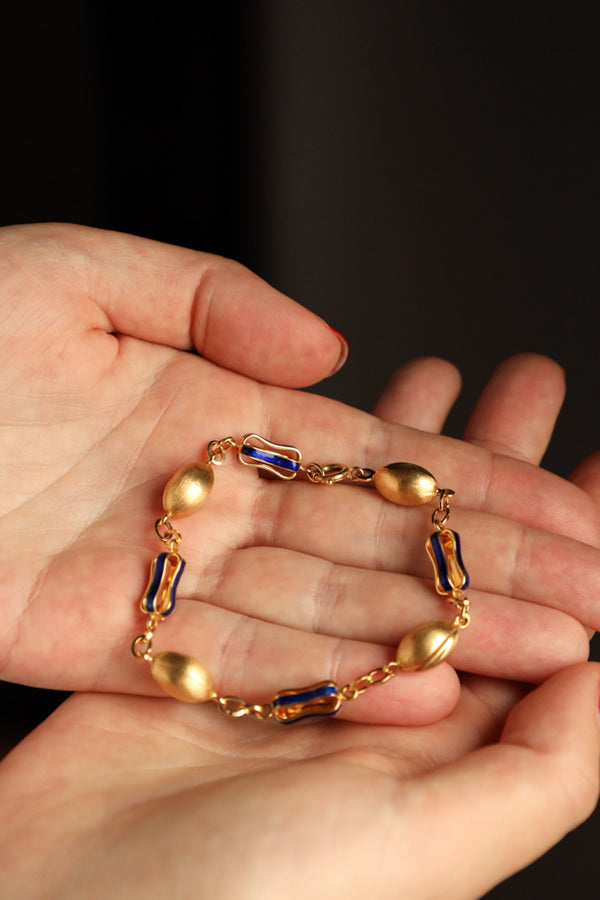 18k Brushed Gold Coffee Bean Bracelet with Blue Enamel