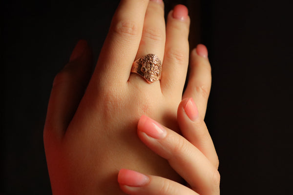 Calavera Catrina Skull Ring in Solid 14k Gold, Mexican Jewelry