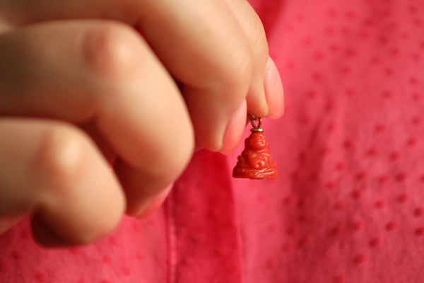 Coral Buddha Pendant, Solid 18k Gold Lucky Charm