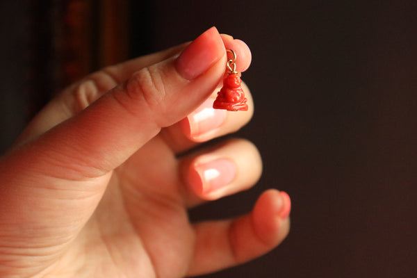 Coral Buddha Pendant, Solid 18k Gold Lucky Charm