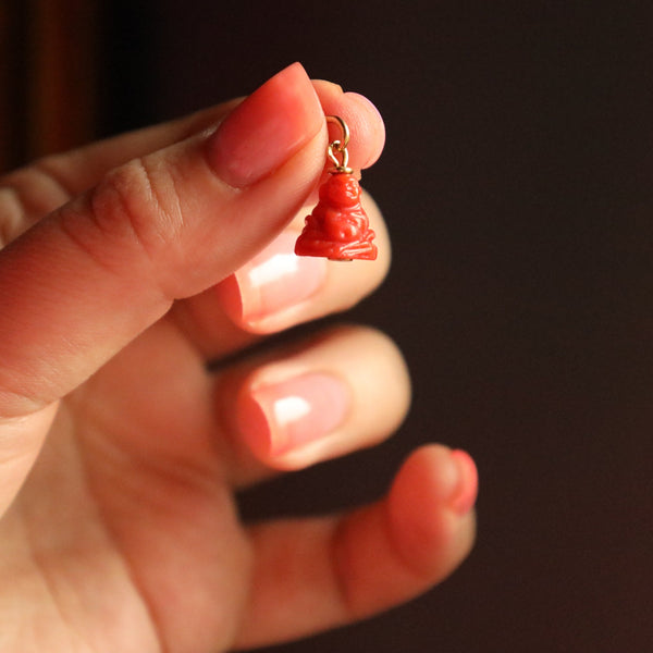 Coral Buddha Pendant, Solid 18k Gold Lucky Charm