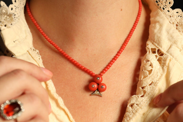 Antique Natural Coral Necklace with Trefoil Pendant