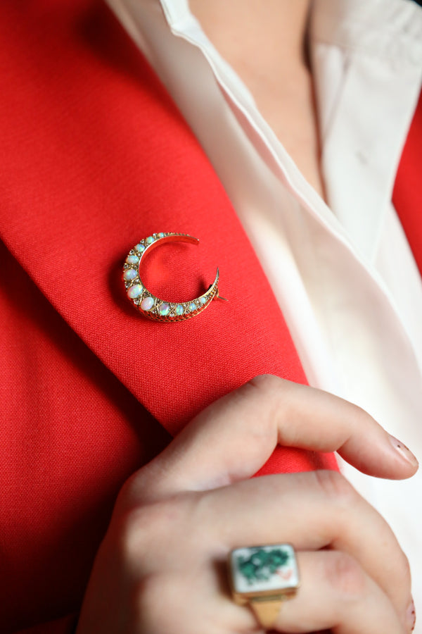 Antique Crescent Moon Brooch with Australian Opal