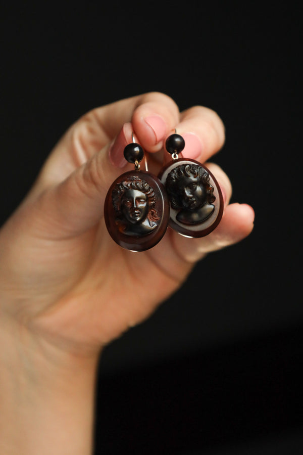 Cupid and Psyche Antique Earrings, Victorian Era Carved Shell Jewelry