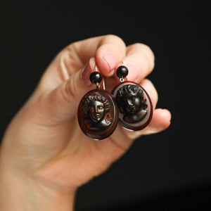 Cupid and Psyche Antique Earrings, Victorian Era Carved Shell Jewelry