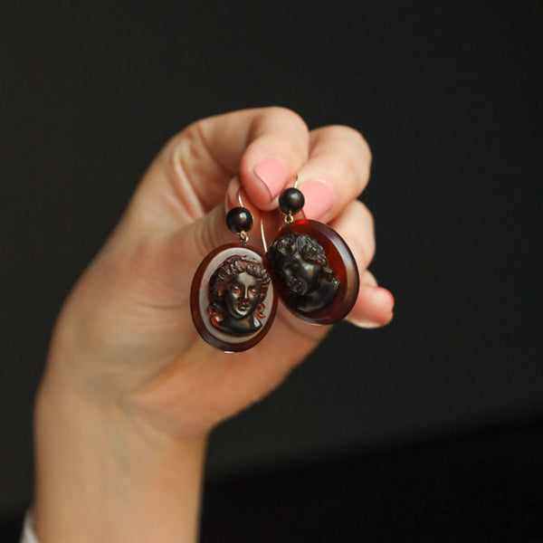 Cupid and Psyche Antique Earrings, Victorian Era Carved Shell Jewelry