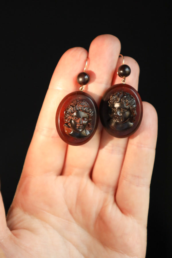 Cupid and Psyche Antique Earrings, Victorian Era Carved Shell Jewelry