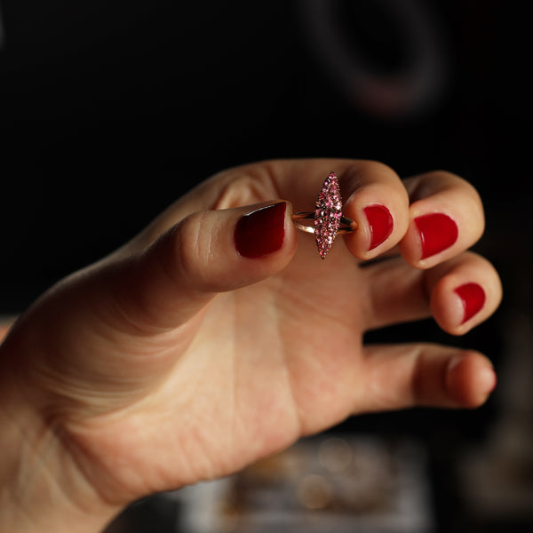 Antique Edwardian Pink Topaz Navette Ring, Rare Gemstone Jewellery