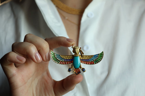 Art Deco Brooch, Egyptian Revival Jewelry: Enamel Lapel Pin in Solid 18k Gold