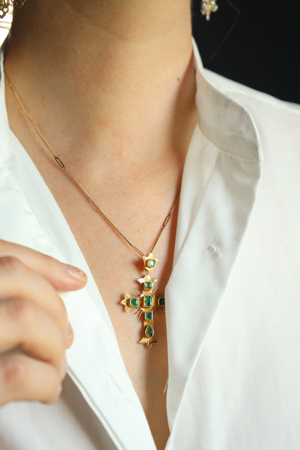 Antique Emerald Cross Pendant, Solid 18k Gold