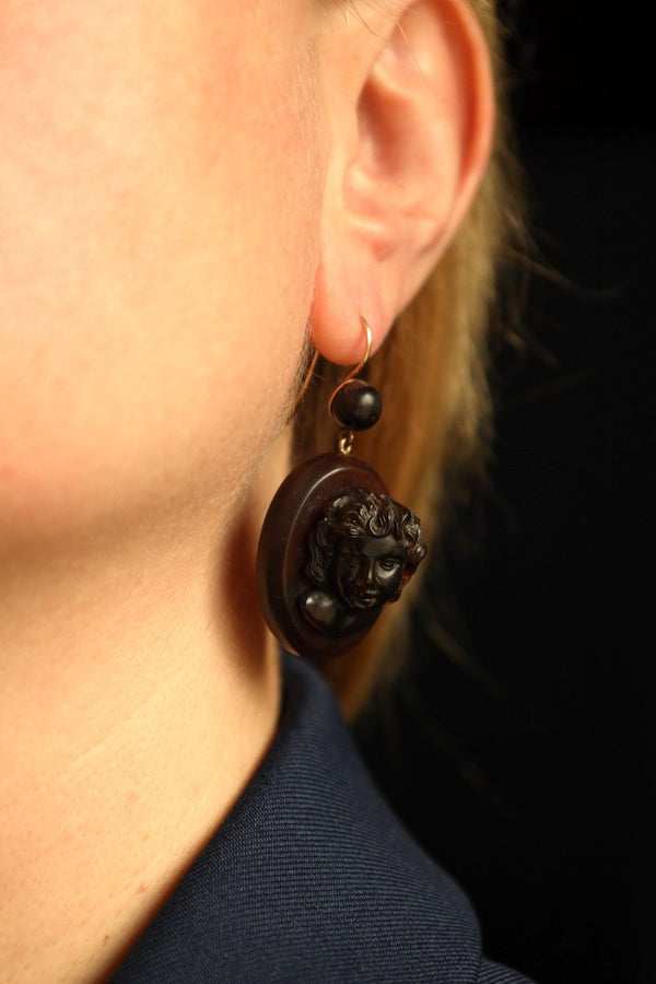 Eros and Psyche Antique Earrings, Victorian Era Carved Shell Jewelry