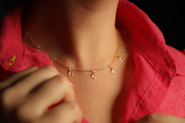 Floating Rose Cut Diamond Necklace in Solid 14k Gold