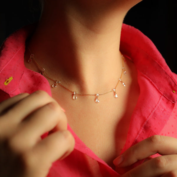 Floating Rose Cut Diamond Necklace in Solid 14k Gold