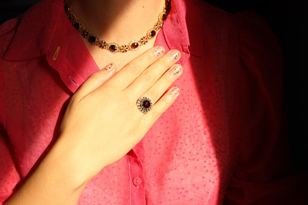 Antique Floral Garnet Necklace in Solid 14k Gold