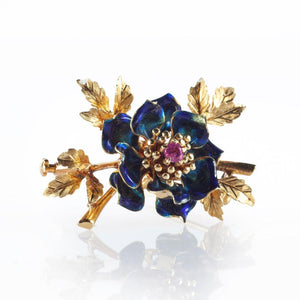 18k Gold Flower Brooch with Ruby and Blue Enamel