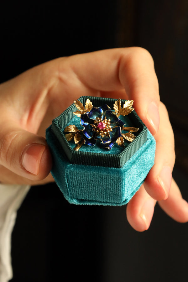 18k Gold Flower Brooch with Ruby and Blue Enamel