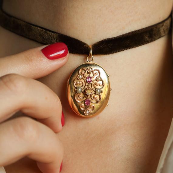 Antique French 18k Gold Locket Pendant set with Ruby, Pearl and Old Mine Cut Diamonds