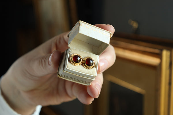 Vintage Garnet Stud Earrings: 14K Yellow Solid Gold