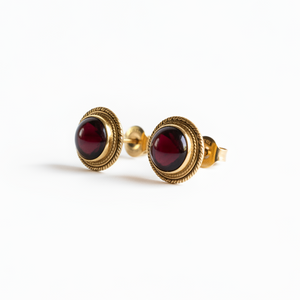 Vintage Garnet Stud Earrings: 14K Yellow Solid Gold
