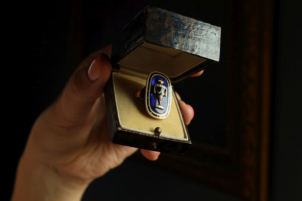 Georgian Ring: Memento Mori, Antique Urn Ring with Blue Enamel, 18th Century Jewelry