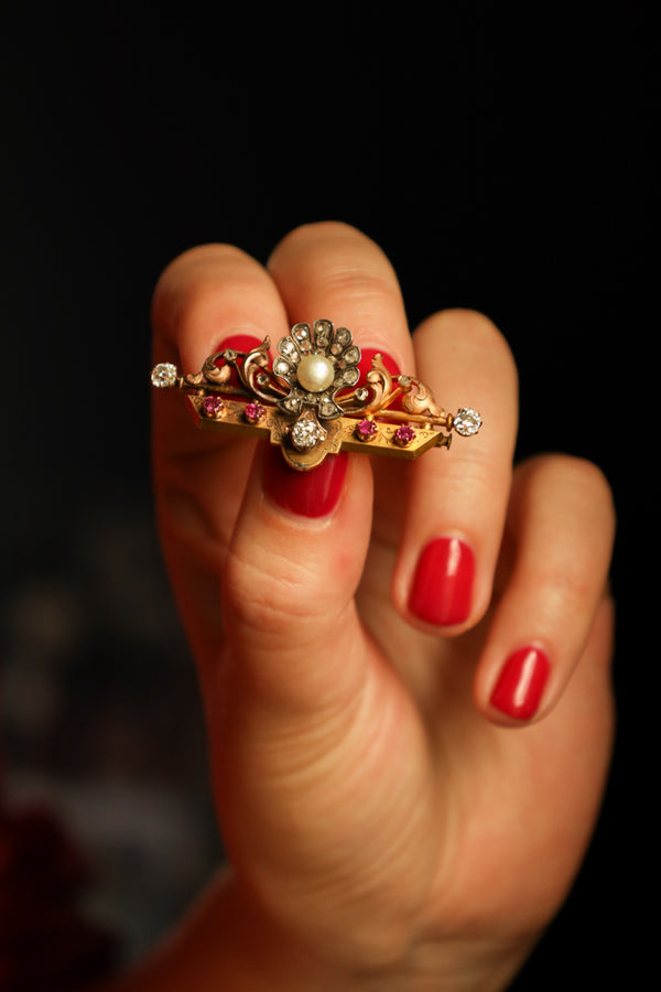 Victorian 18k Gold Bar Brooch with Old Mine Cut Diamonds, Rubies and Pearl