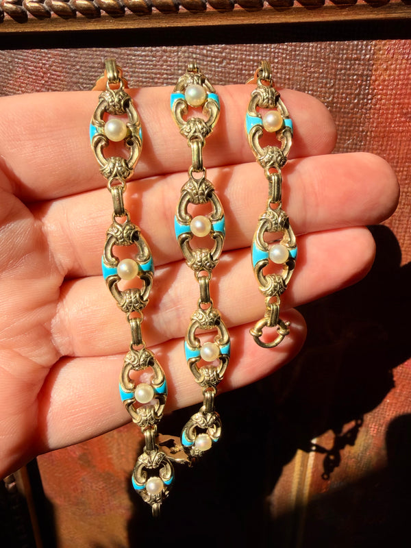 Antique Victorian Gold Chain Necklace and Bracelet Set with Turquoise, Enamel and Pearls