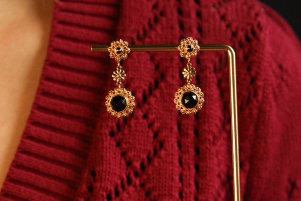 Hessonite Garnet Dangle Earrings - 14K Gold Floral Drops