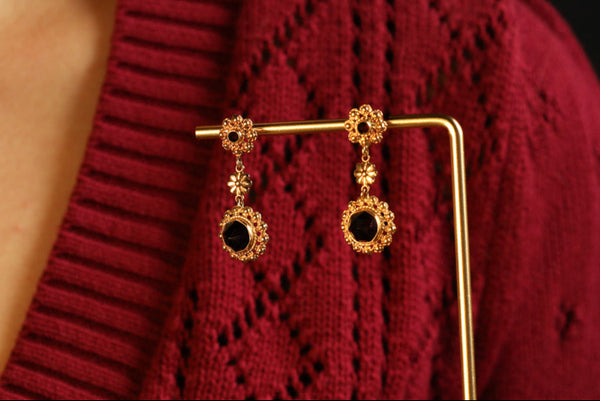 Hessonite Garnet Dangle Earrings - 14K Gold Floral Drops