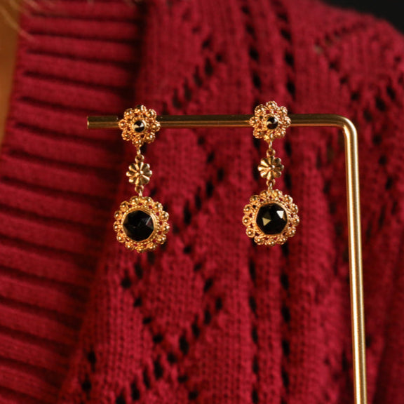 Hessonite Garnet Dangle Earrings - 14K Gold Floral Drops