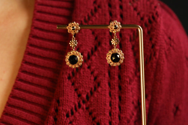 Hessonite Garnet Dangle Earrings - 14K Gold Floral Drops