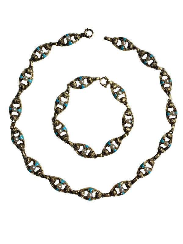 Antique Victorian Gold Chain Necklace and Bracelet Set with Turquoise, Enamel and Pearls