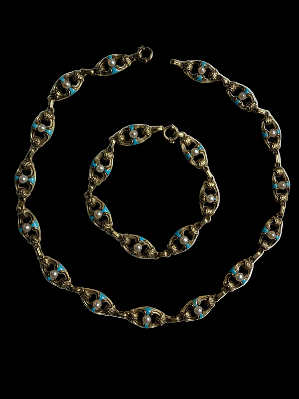 Antique Victorian Gold Chain Necklace and Bracelet Set with Turquoise, Enamel and Pearls