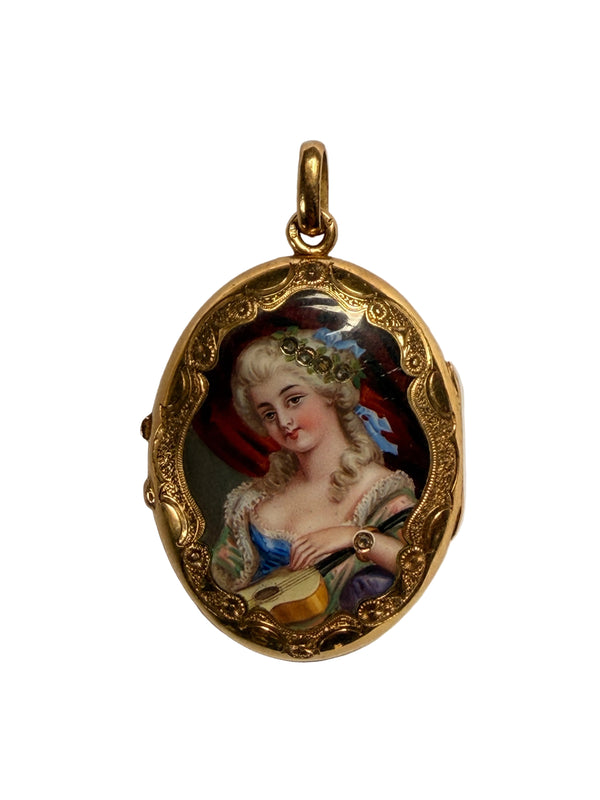 Antique Enamel Miniature Locket Pendant 18k Gold - Allegory of Music