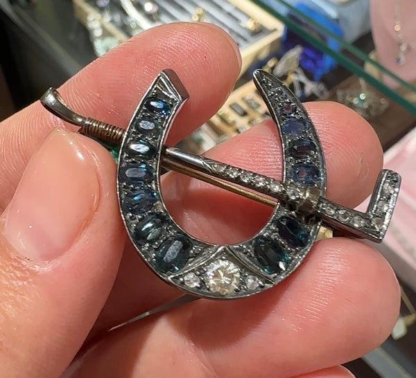 Silver sapphire and diamond brooch