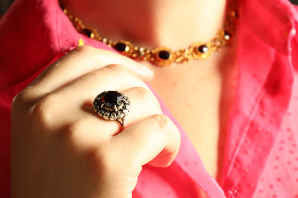 Large Vintage Garnet Ring, 14k Gold Cocktail Ring