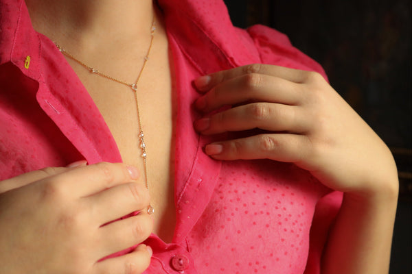 Lariat Necklace with Floating Rose Cut Diamonds in Solid 14k Gold