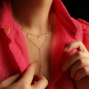 Lariat Necklace with Floating Rose Cut Diamonds in Solid 14k Gold