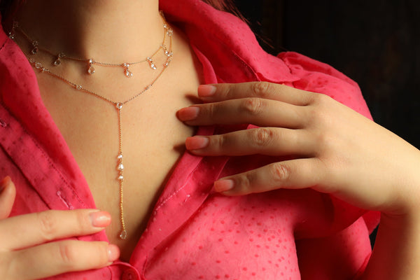 Lariat Necklace with Floating Rose Cut Diamonds in Solid 14k Gold