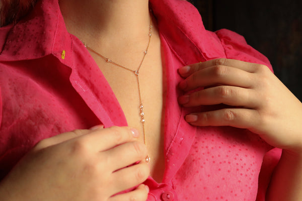 Lariat Necklace with Floating Rose Cut Diamonds in Solid 14k Gold